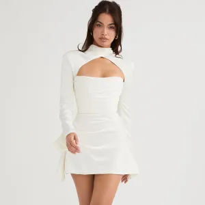 Luxury High Neck Cut Out Long Sleeve Draped Satin Mini Dress - White