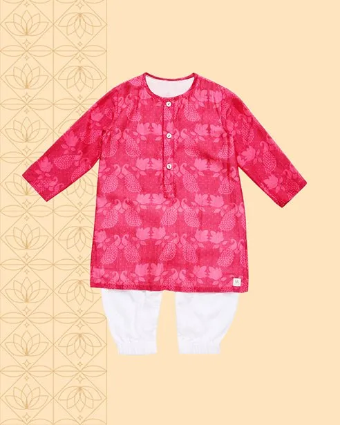 Maanik - Chanderi Peacock Printed Infant Kurta with Attached Pyjama (Onesie)