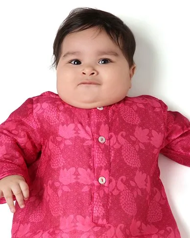 Maanik - Chanderi Peacock Printed Infant Kurta with Attached Pyjama (Onesie)