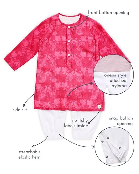 Maanik - Chanderi Peacock Printed Infant Kurta with Attached Pyjama (Onesie)