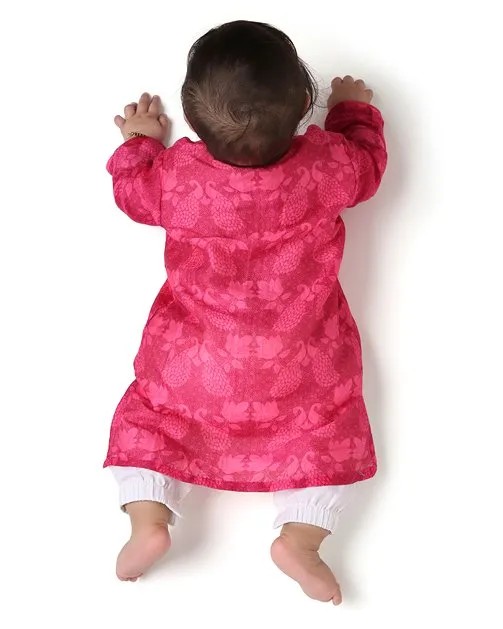 Maanik - Chanderi Peacock Printed Infant Kurta with Attached Pyjama (Onesie)