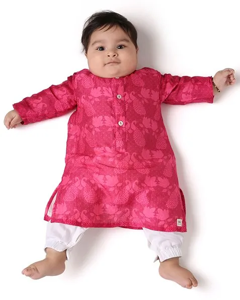 Maanik - Chanderi Peacock Printed Infant Kurta with Attached Pyjama (Onesie)