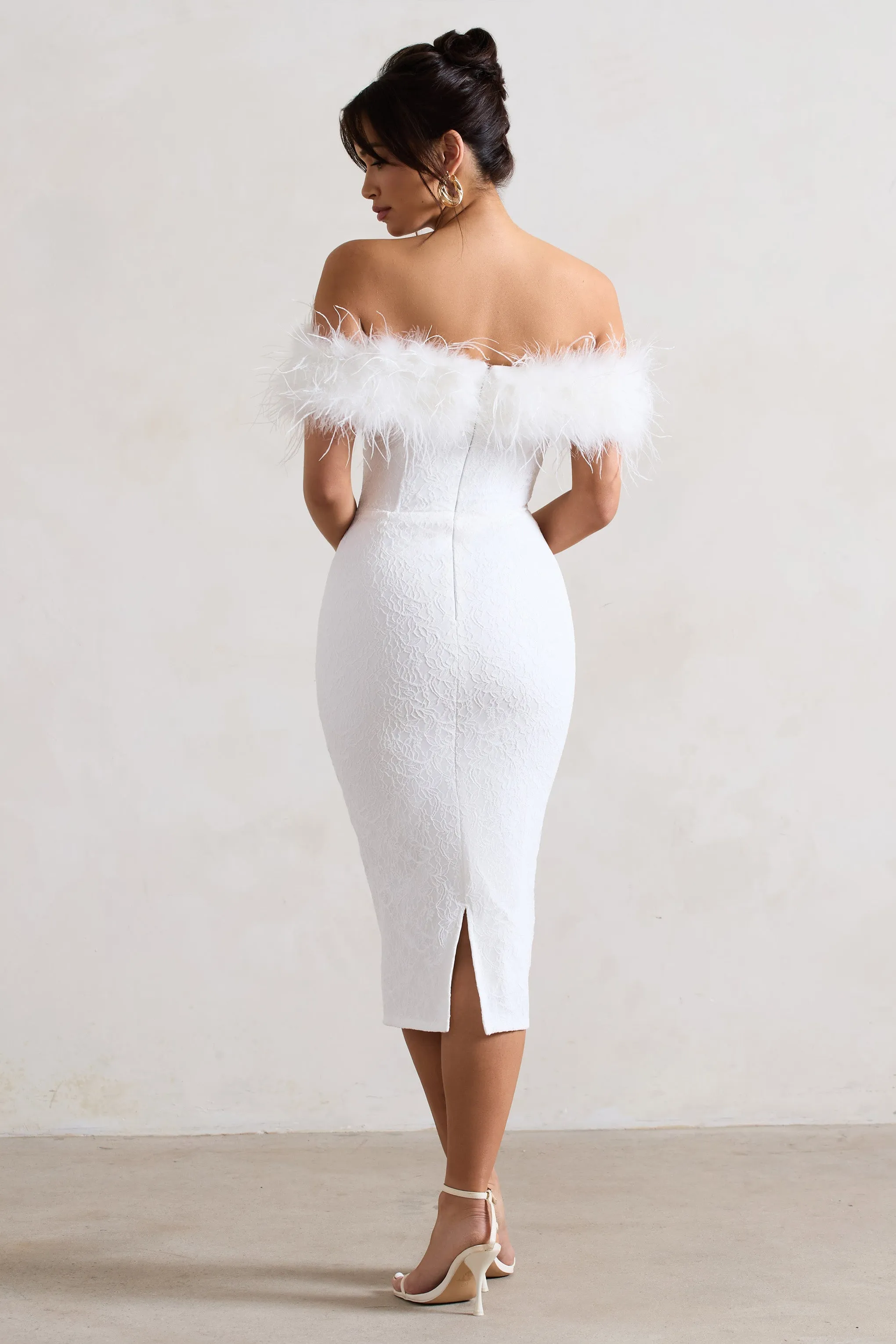 Maiden | White Lace Bardot Midi Dress With Feather Trim