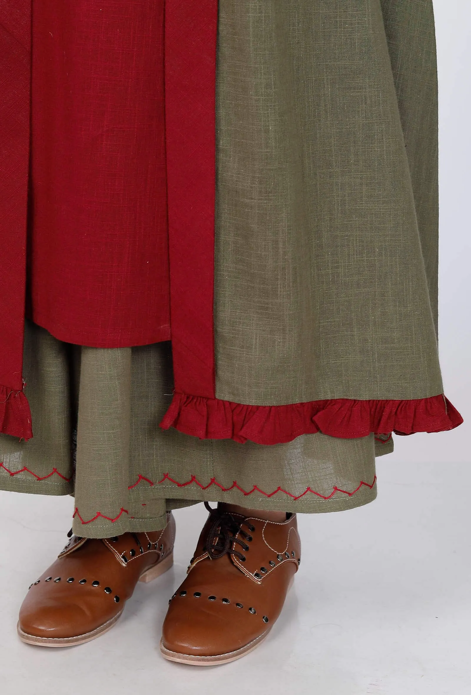 Mehandi Green Cape With Maroon Frills