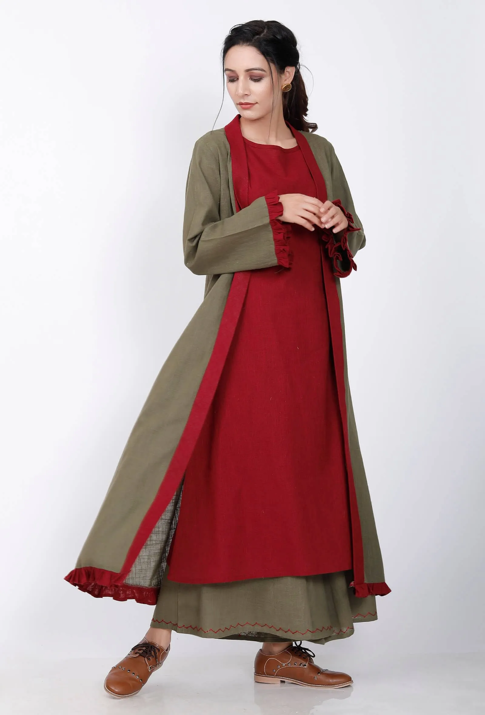 Mehandi Green Cape With Maroon Frills