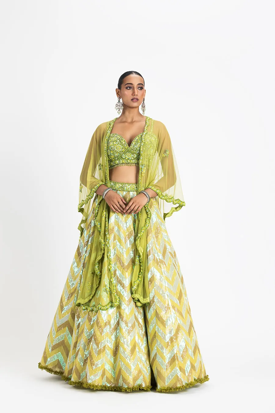 MEHNDI GREEN CAPE LEHENGA SET