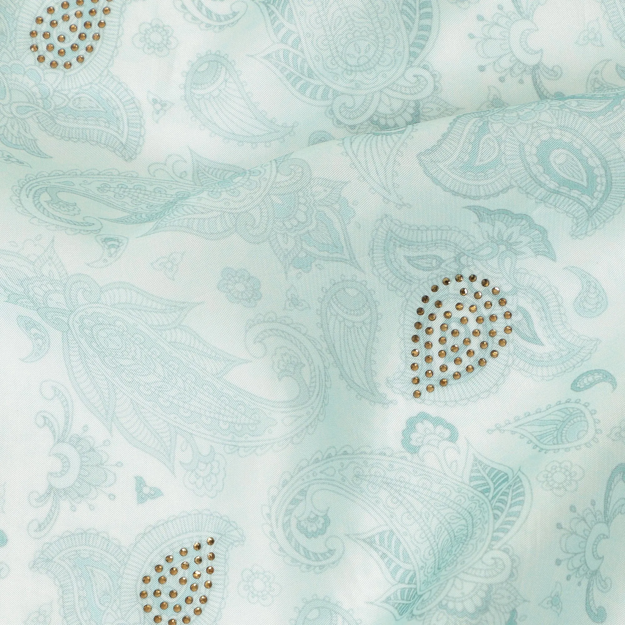 Mint Blue Synthetic Viscose Fabric with Silver Paisley and Stone Work, 110 cm Width-D20577