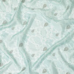 Mint Blue Synthetic Viscose Fabric with Silver Paisley and Stone Work, 110 cm Width-D20577