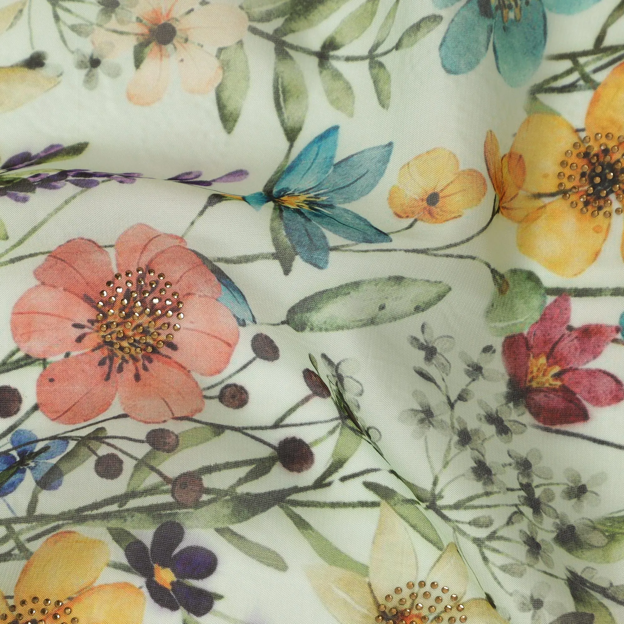 Mint Green Synthetic Viscose Fabric with Multicolor Floral Print and Stone Work, 110 cm Width-D20582