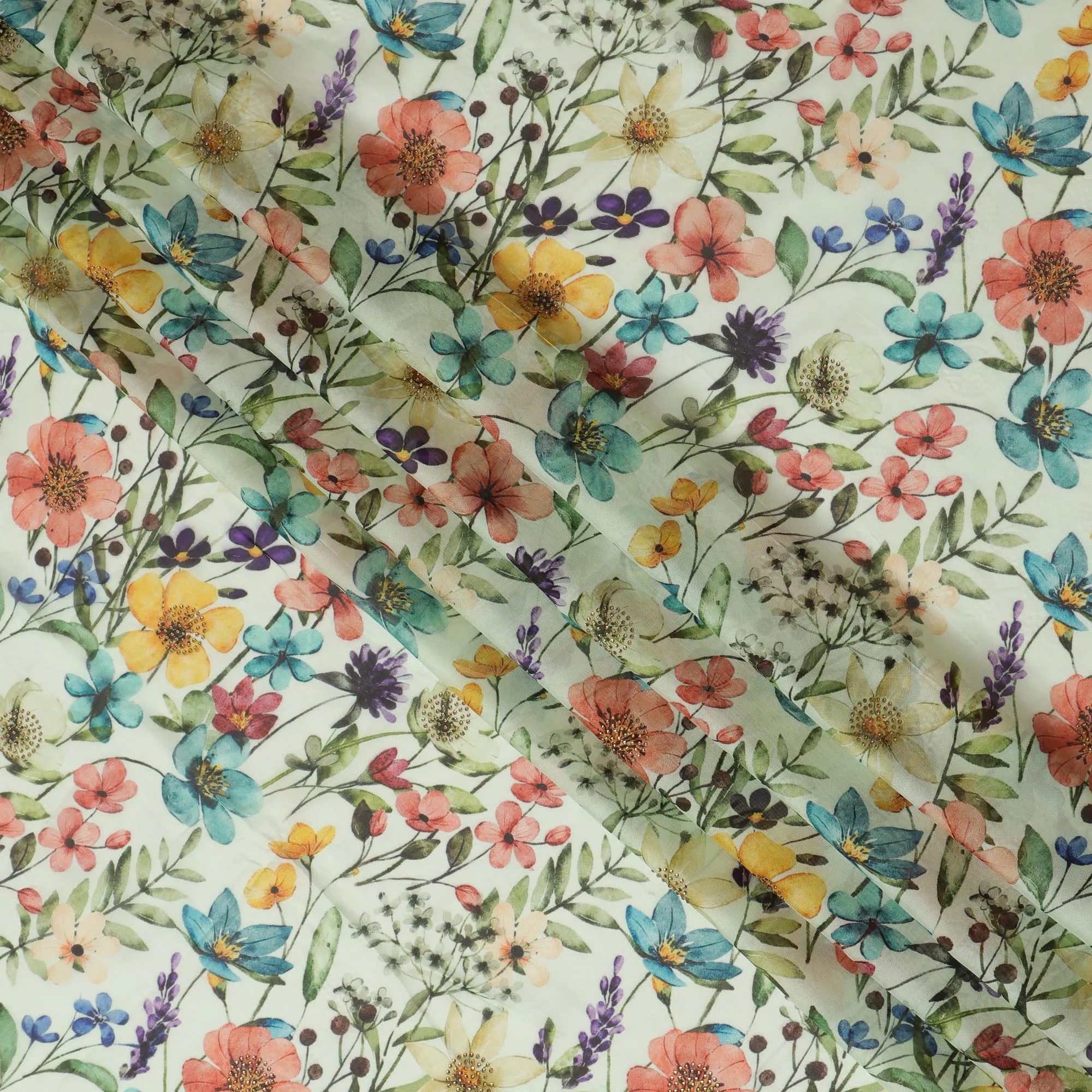 Mint Green Synthetic Viscose Fabric with Multicolor Floral Print and Stone Work, 110 cm Width-D20582