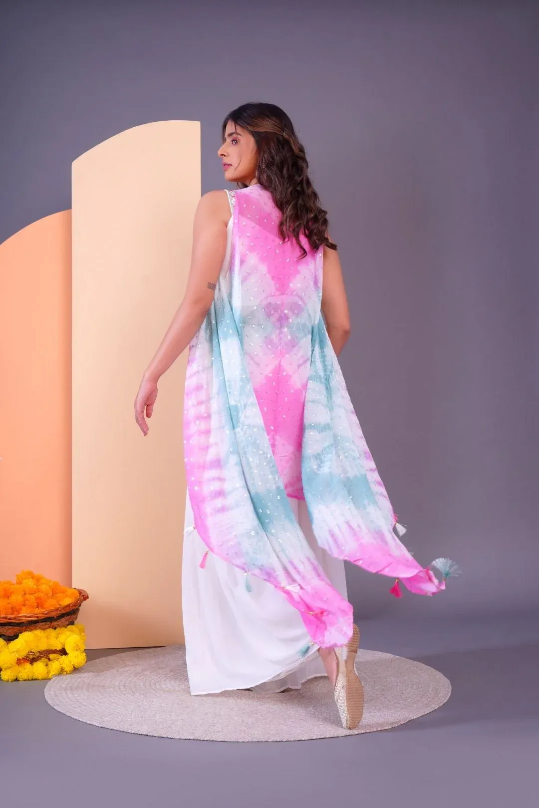 Multicolored Cape & White Palazzo Set - Rent