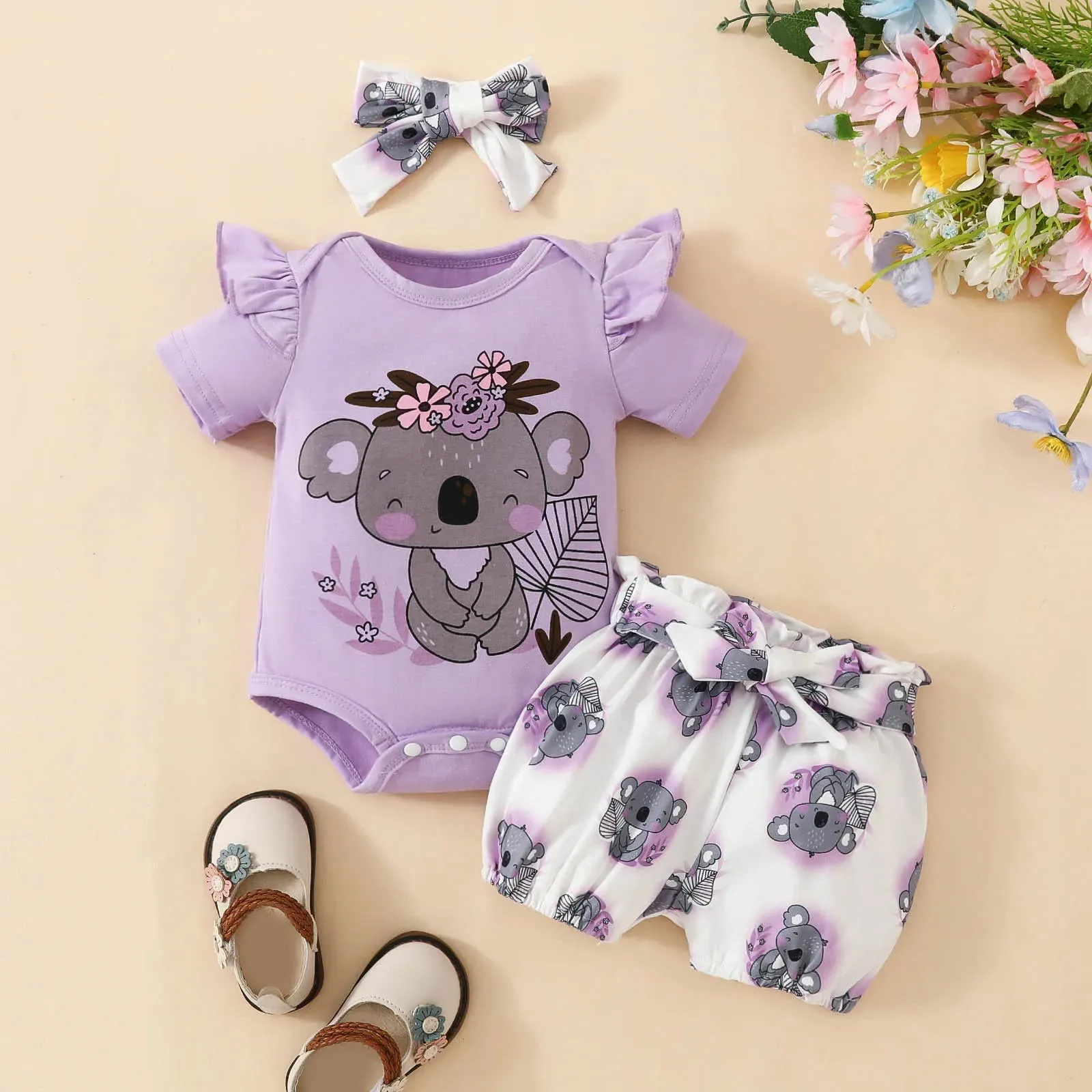 Newborn Baby Girls Clothes Set Cartoon Animal Prints Short Sleeve Romper Shorts  Headband Summer Lovely 3PCS Outfits 0-2Years