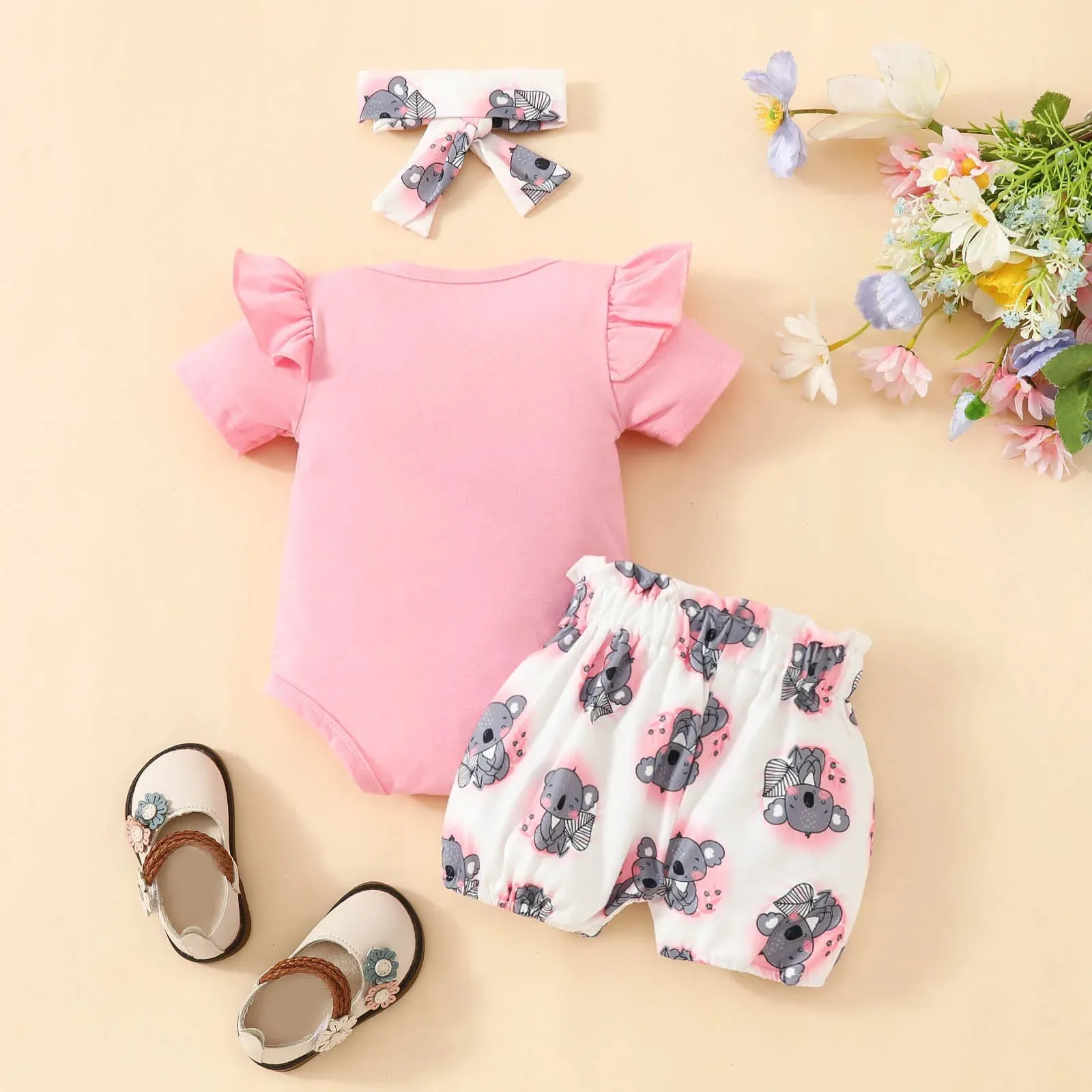 Newborn Baby Girls Clothes Set Cartoon Animal Prints Short Sleeve Romper Shorts  Headband Summer Lovely 3PCS Outfits 0-2Years