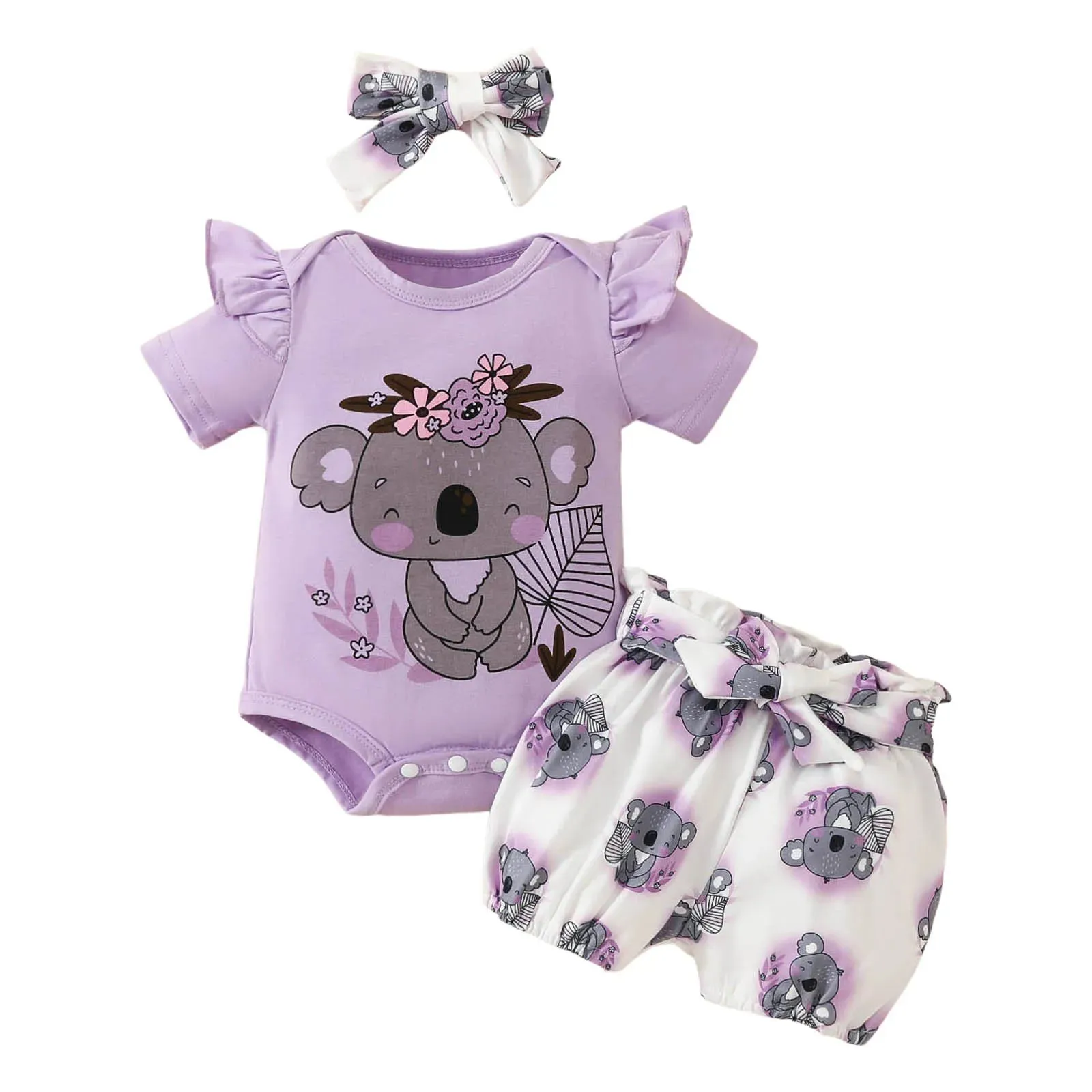 Newborn Baby Girls Clothes Set Cartoon Animal Prints Short Sleeve Romper Shorts  Headband Summer Lovely 3PCS Outfits 0-2Years