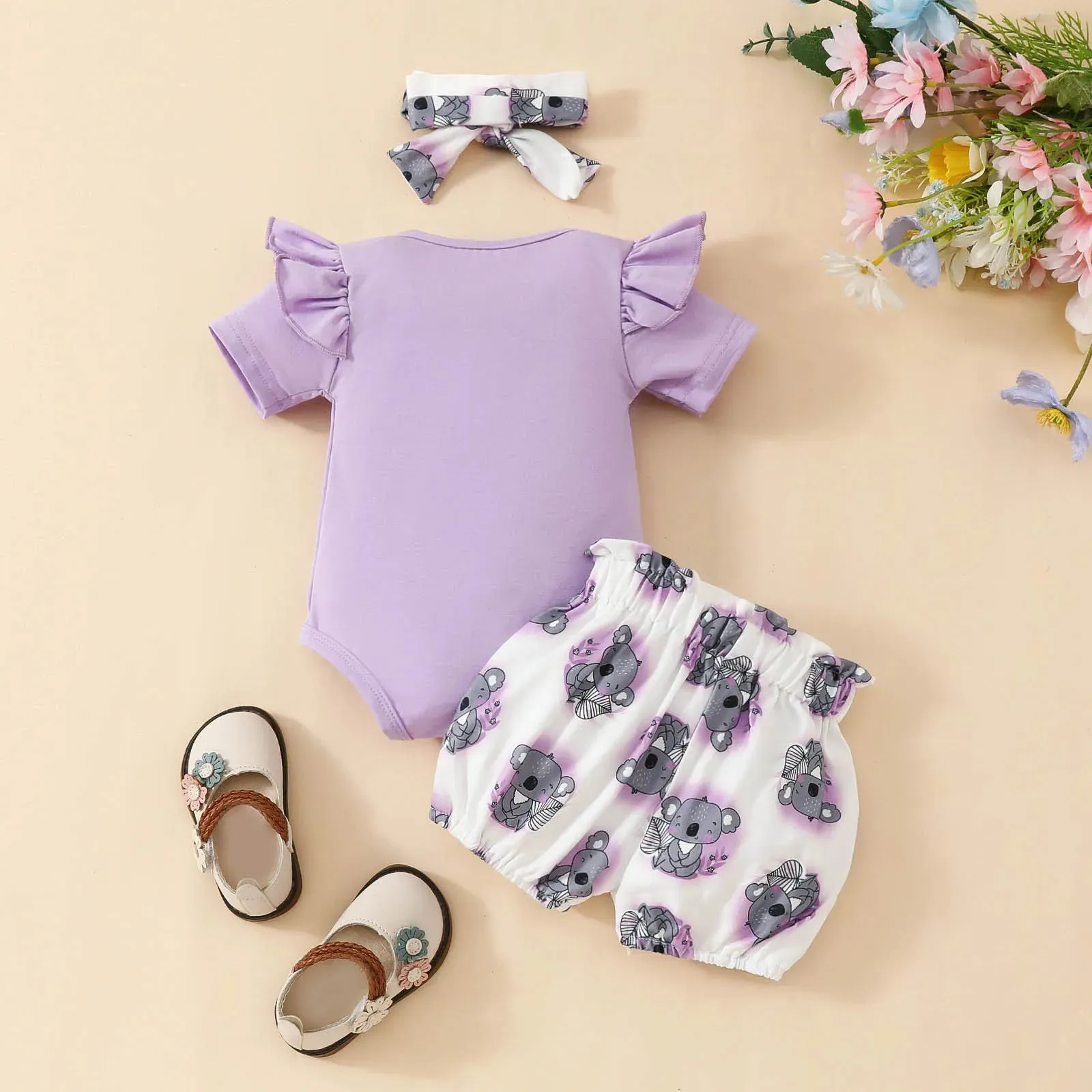 Newborn Baby Girls Clothes Set Cartoon Animal Prints Short Sleeve Romper Shorts  Headband Summer Lovely 3PCS Outfits 0-2Years