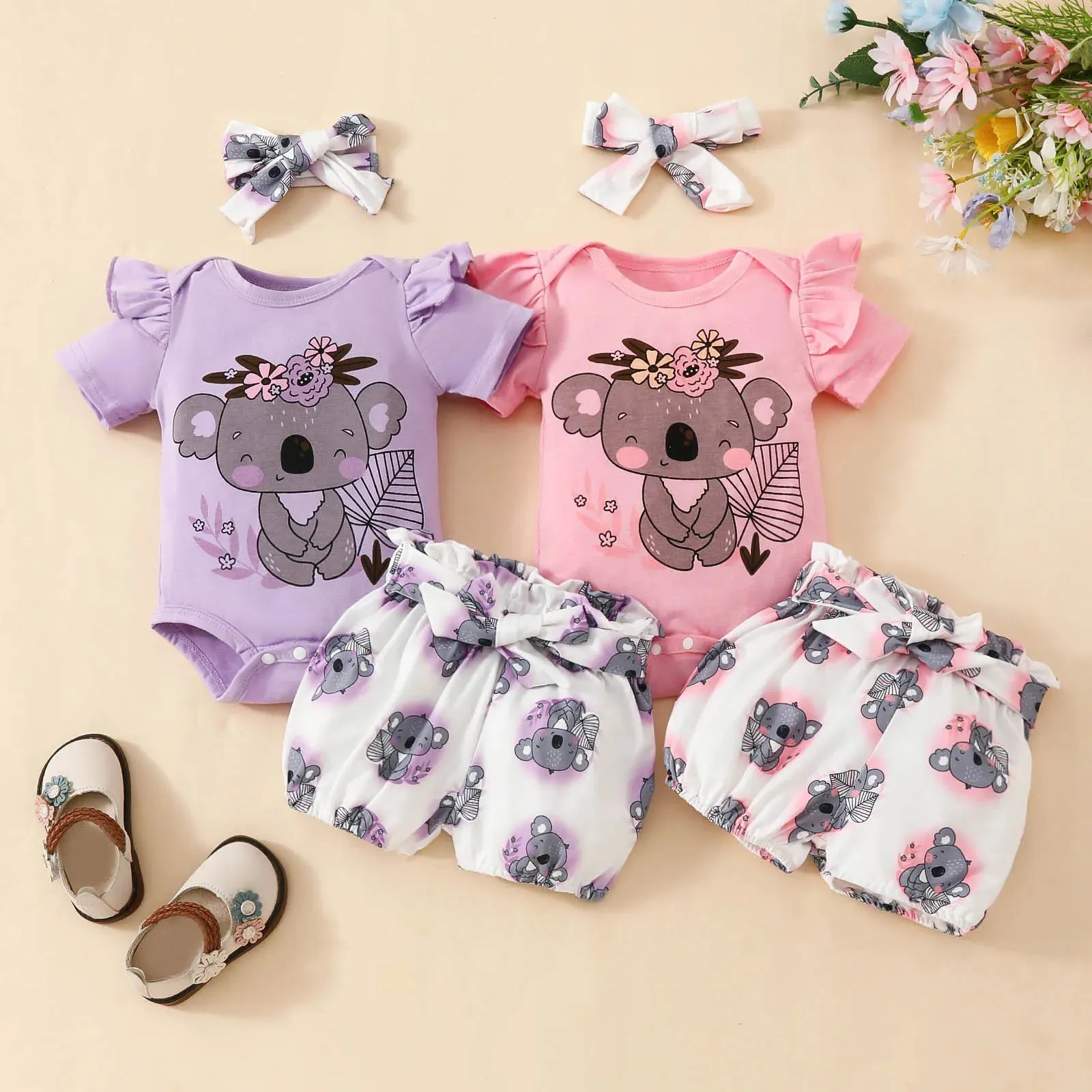 Newborn Baby Girls Clothes Set Cartoon Animal Prints Short Sleeve Romper Shorts  Headband Summer Lovely 3PCS Outfits 0-2Years