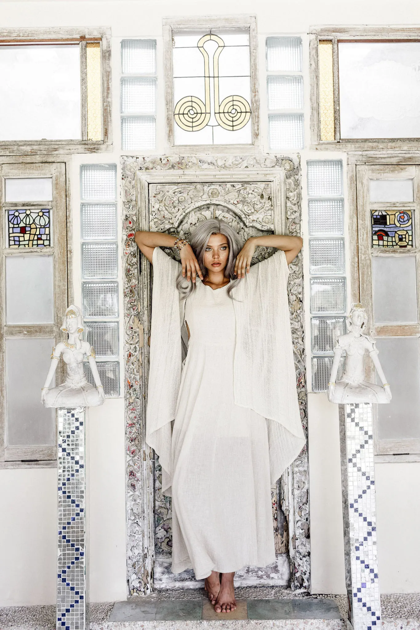 Off-White Cotton Boho Kimono Cover-up • Bridal Cape • Poncho Robe