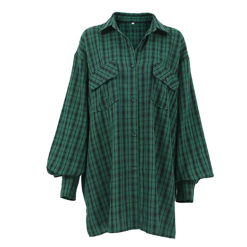 Oversized Plaid Drop Shoulder Bishop Sleeve Button Up Shirt - Emerald Green