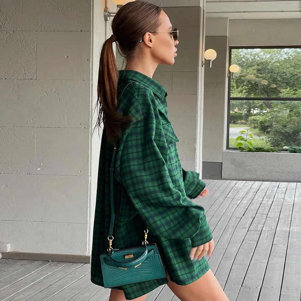 Oversized Plaid Drop Shoulder Bishop Sleeve Button Up Shirt - Emerald Green