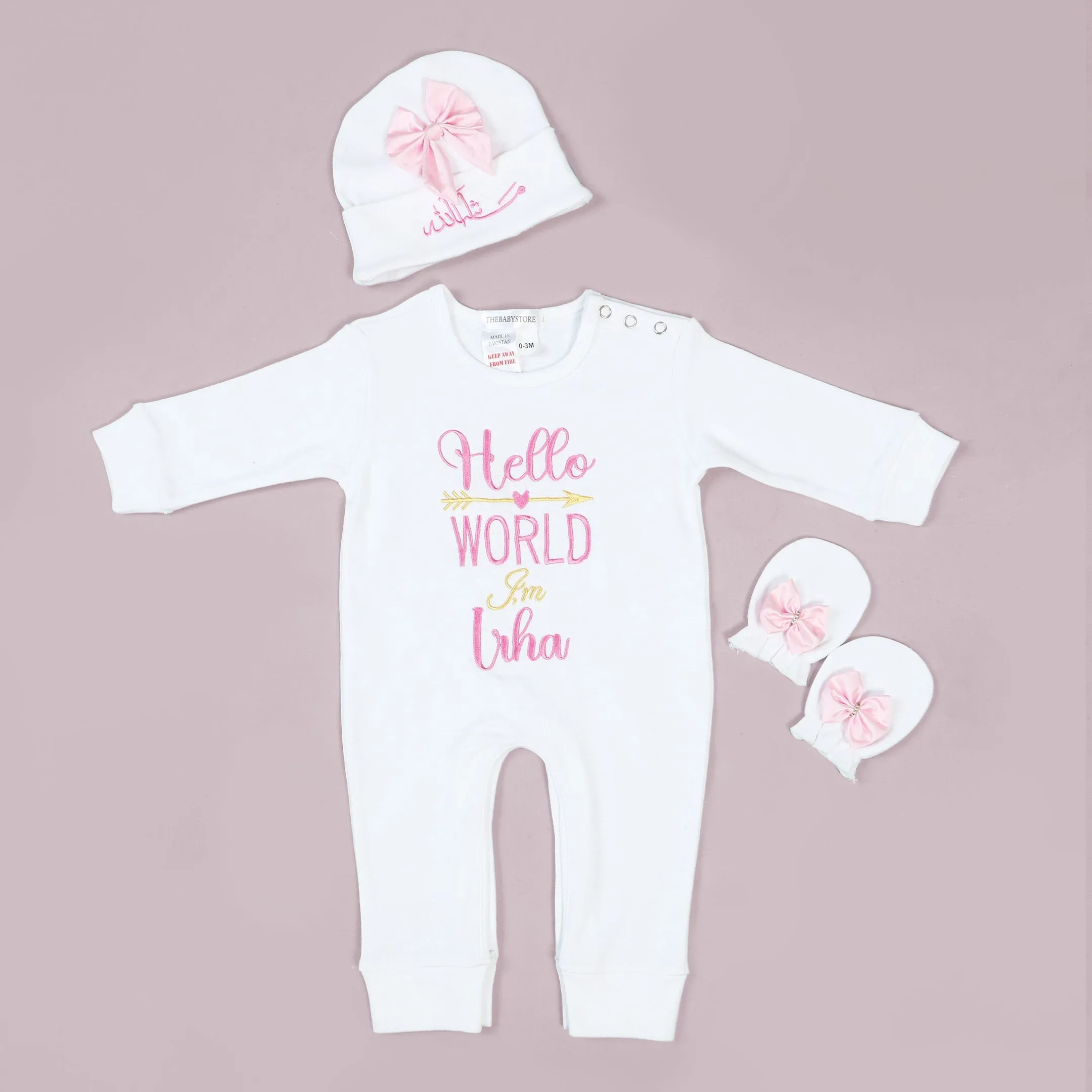 Pink Bows Embroidered Customized Baby Romper Set