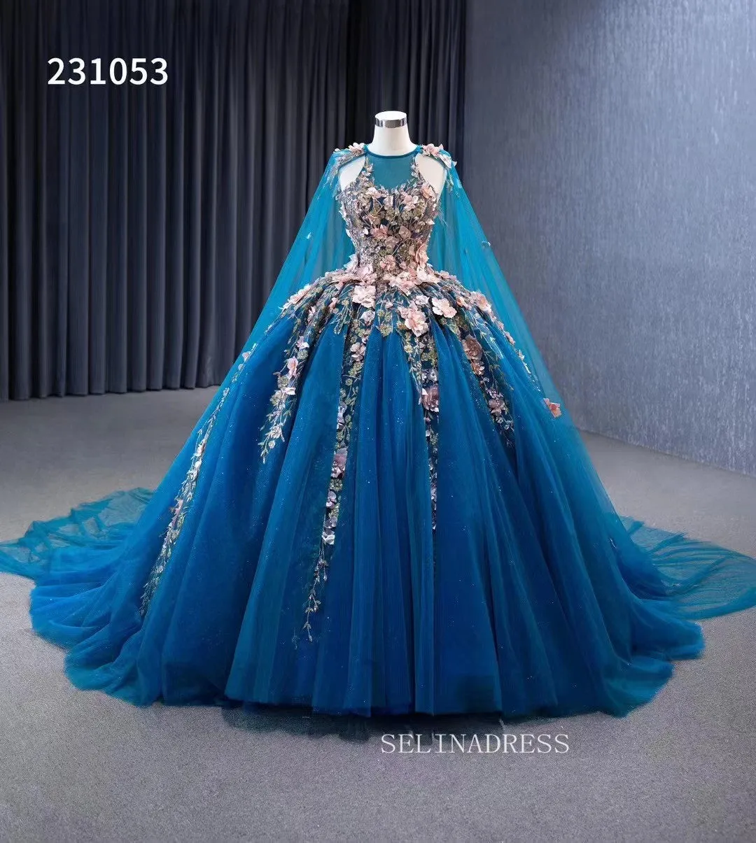 Pink Floral Blue Ball Gowns Wedding Dresses Tulle Cape Pageant Dresses 231053