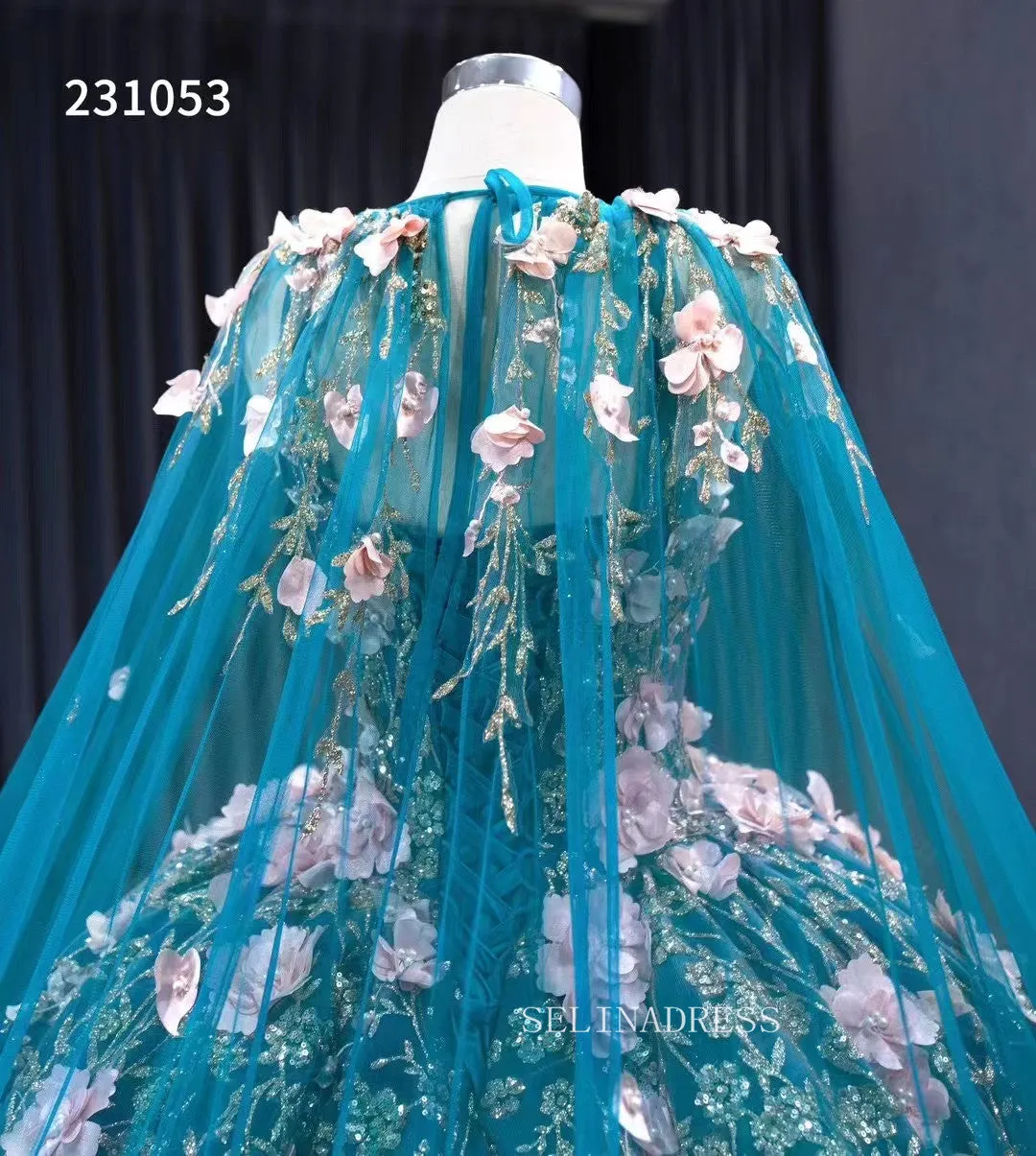 Pink Floral Blue Ball Gowns Wedding Dresses Tulle Cape Pageant Dresses 231053