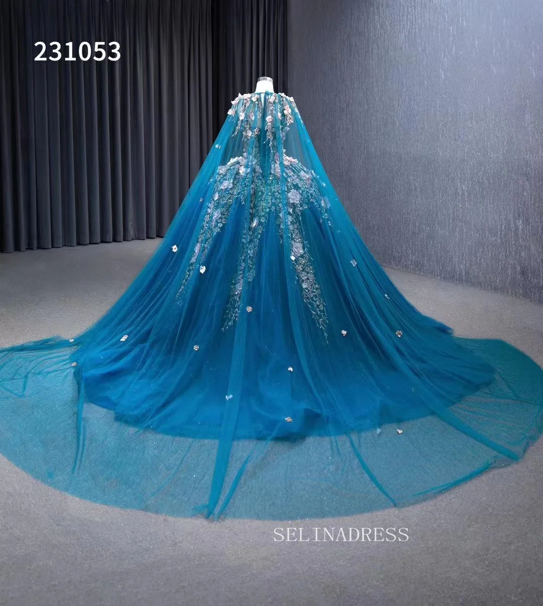 Pink Floral Blue Ball Gowns Wedding Dresses Tulle Cape Pageant Dresses 231053