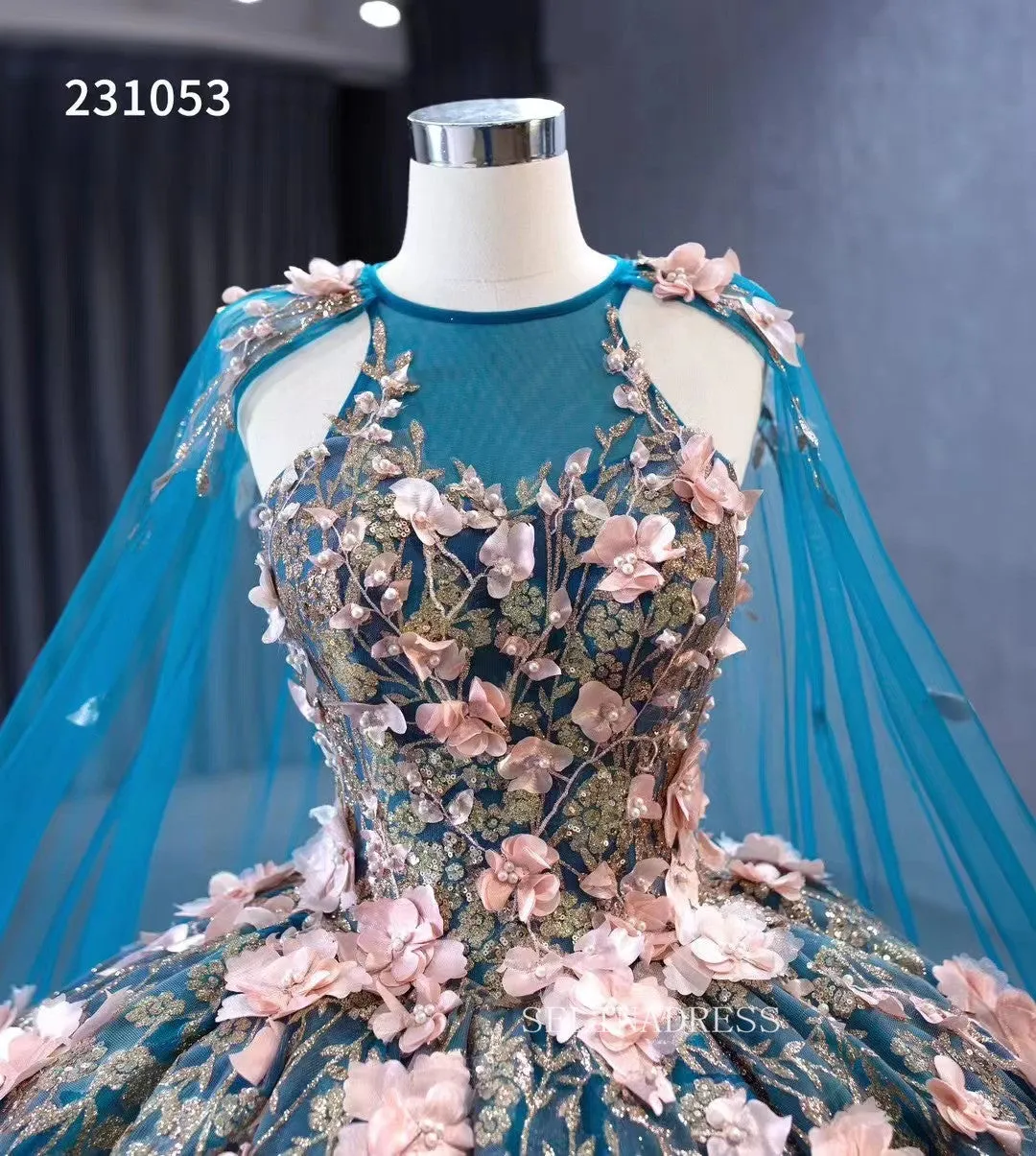 Pink Floral Blue Ball Gowns Wedding Dresses Tulle Cape Pageant Dresses 231053