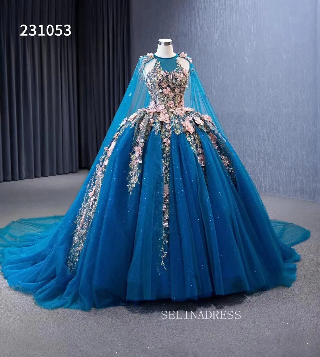 Pink Floral Blue Ball Gowns Wedding Dresses Tulle Cape Pageant Dresses 231053