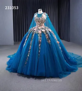 Pink Floral Blue Ball Gowns Wedding Dresses Tulle Cape Pageant Dresses 231053