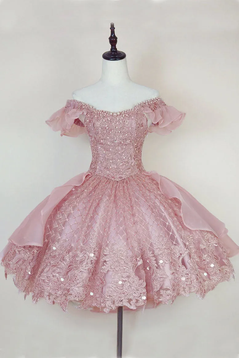 Pink Lace Homecoming Gown with Beading, Princess Off the Shoulder Hoco Dress