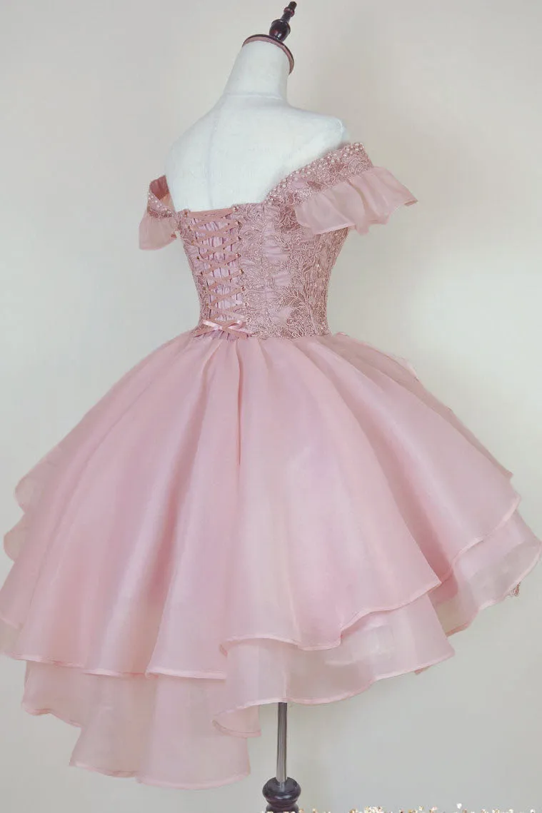 Pink Lace Homecoming Gown with Beading, Princess Off the Shoulder Hoco Dress