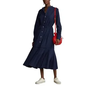 Pleated-Hem Drawstring Midi Shirtdress