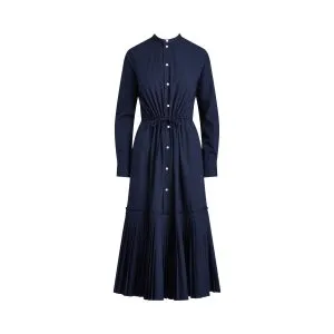 Pleated-Hem Drawstring Midi Shirtdress