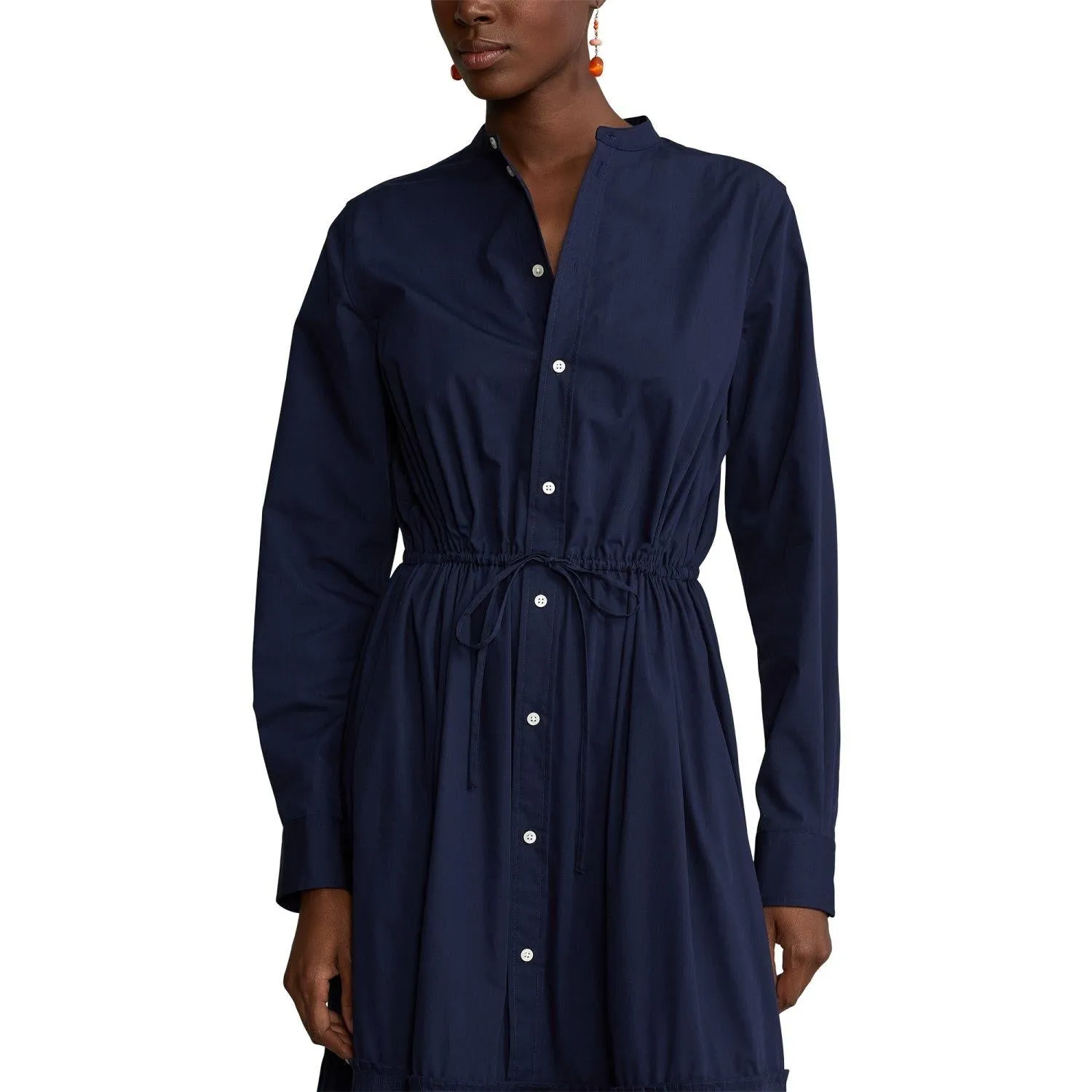 Pleated-Hem Drawstring Midi Shirtdress