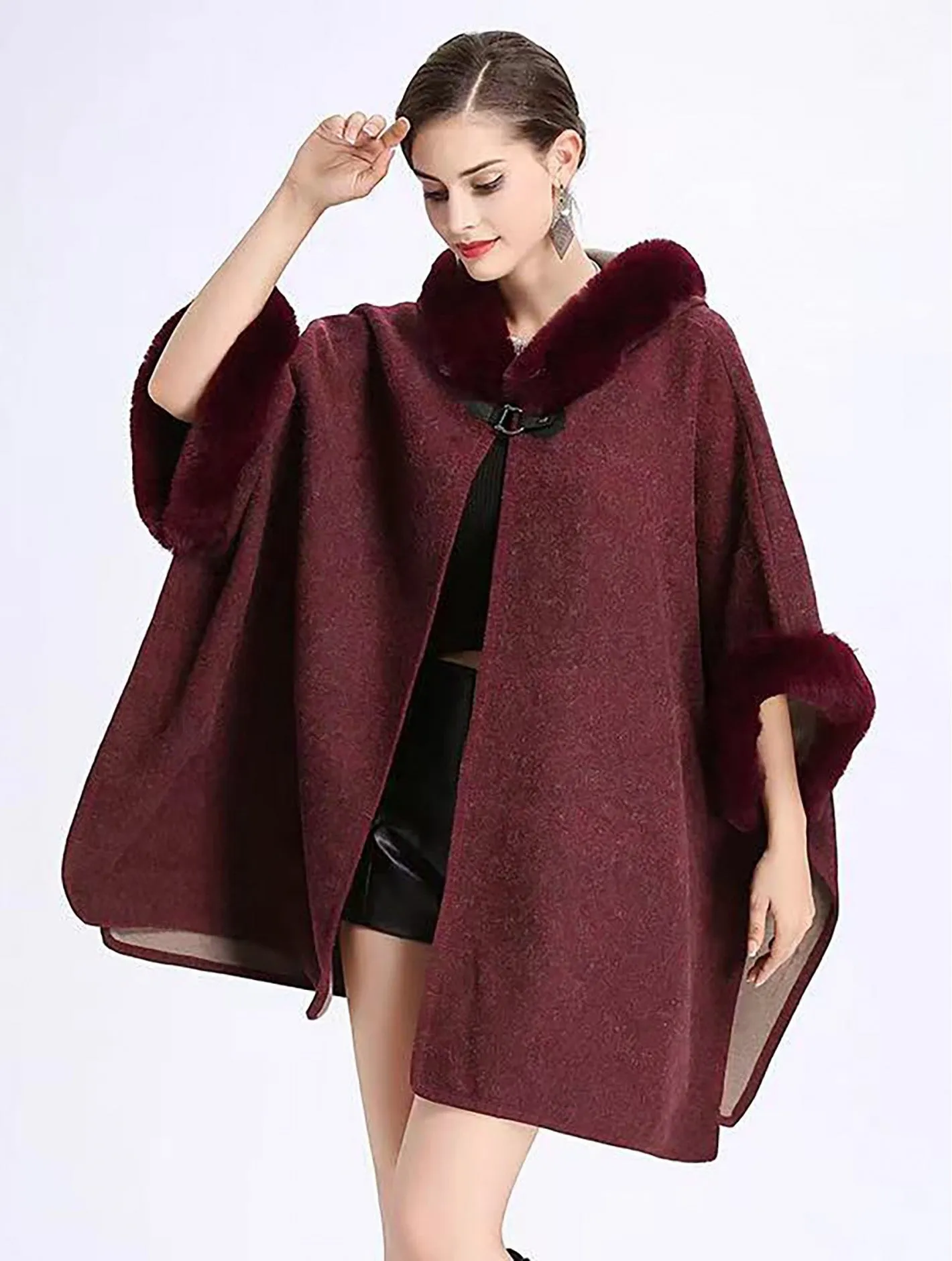 Plush Wool Feeling Hooded Cape W/ Button