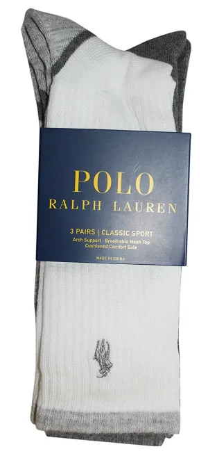 Polo Ralph Lauren 3-Pack Athletic Feed Stripe Sole Crew Sock Polo Embroidery White Assorted