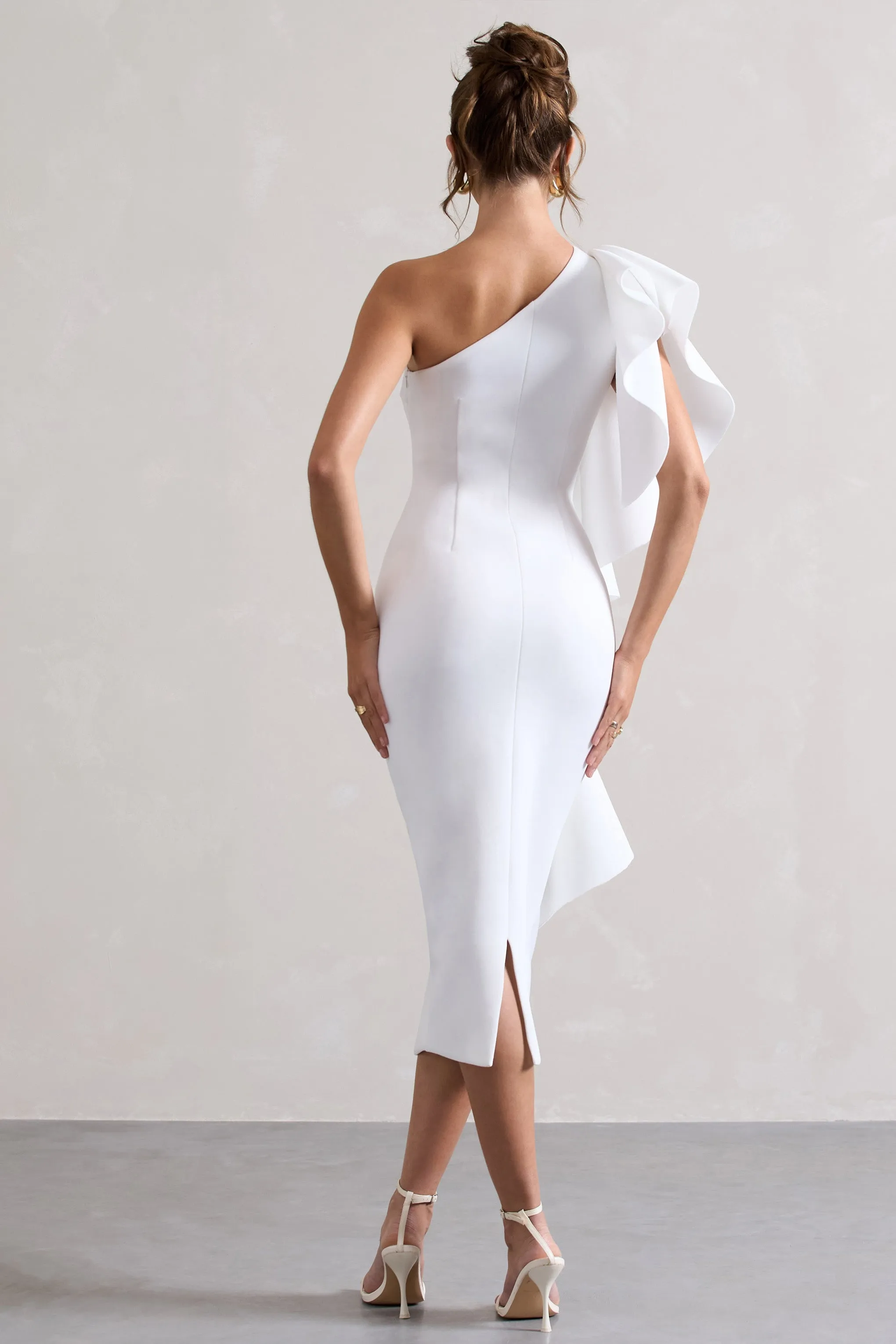 Polo | White One Shoulder Bodycon Midi Dress With Ruffle