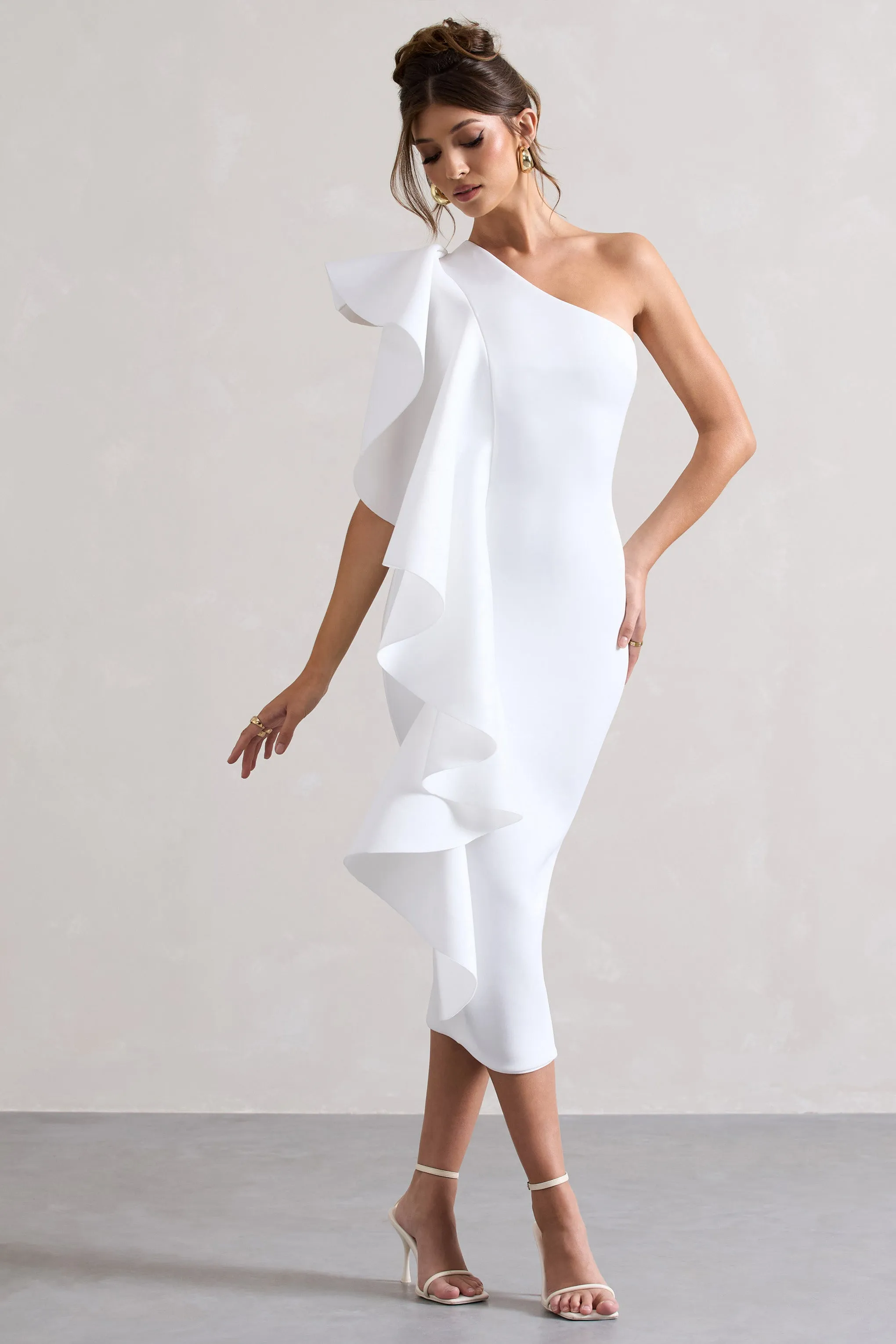 Polo | White One Shoulder Bodycon Midi Dress With Ruffle