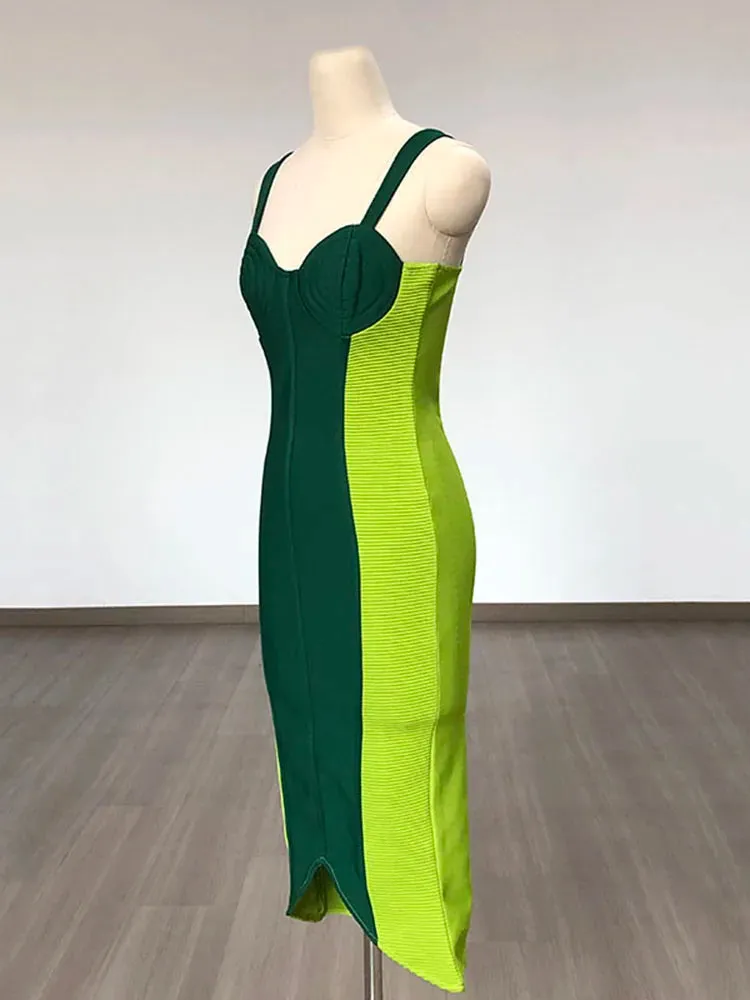 Pre Order:  Green Patchwork Bandage Dress