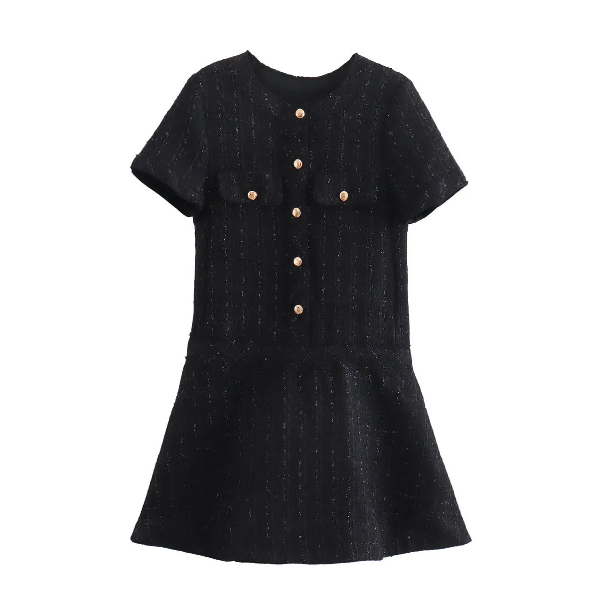 Pre Order: Round Neck Woolen Short Sleeve Dress