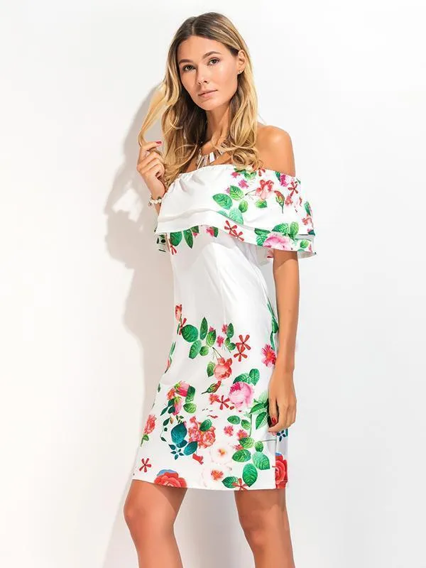 Printed Falbala Off Shoulder Midi Dress