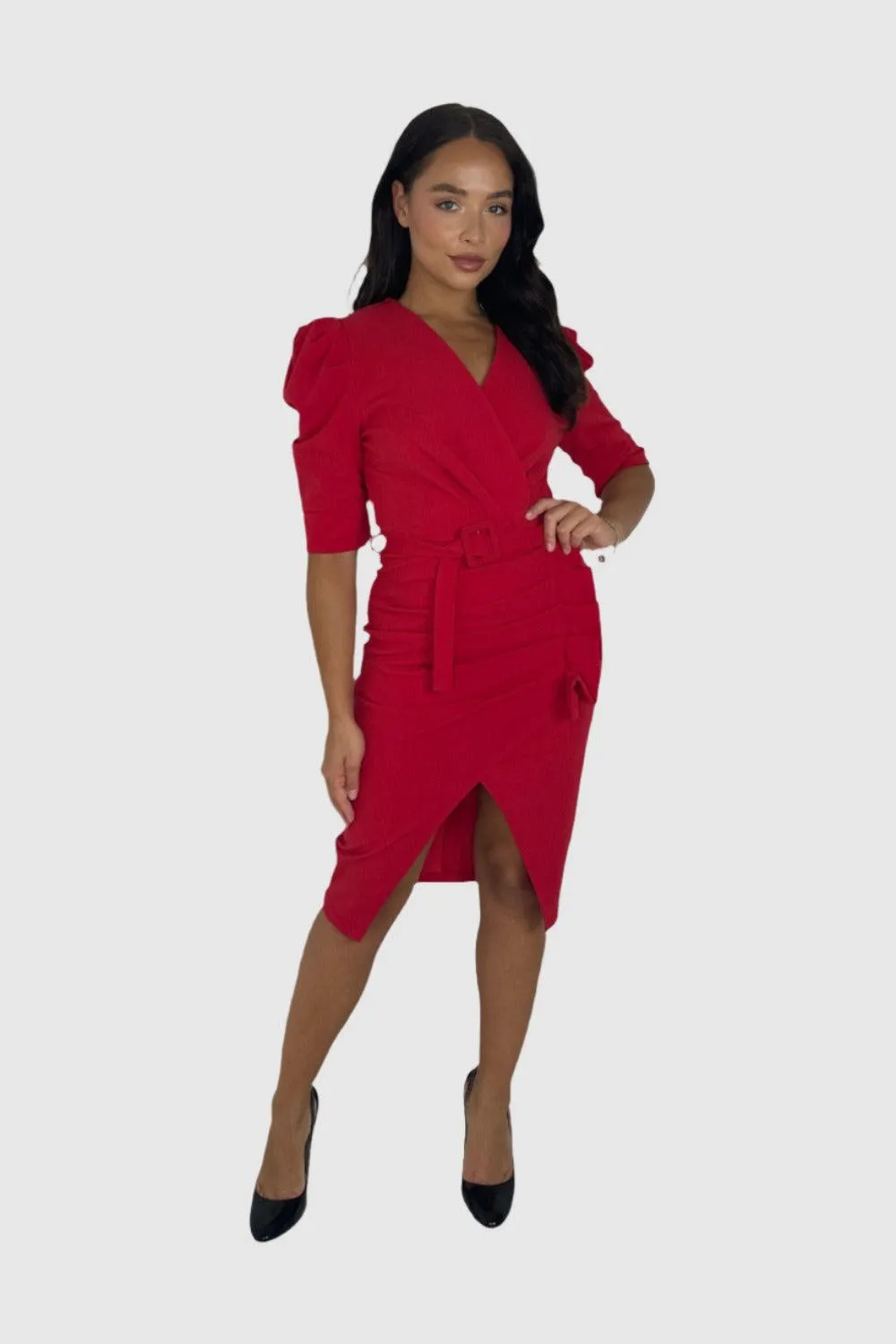 Puff Sleeve Ruched Belted Slit Midi Bodycon Dress