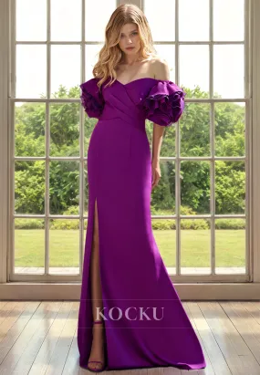 Puff Sleeves Mermaid Split Off-Shoulder Cocktail Mother of the Bride Dress