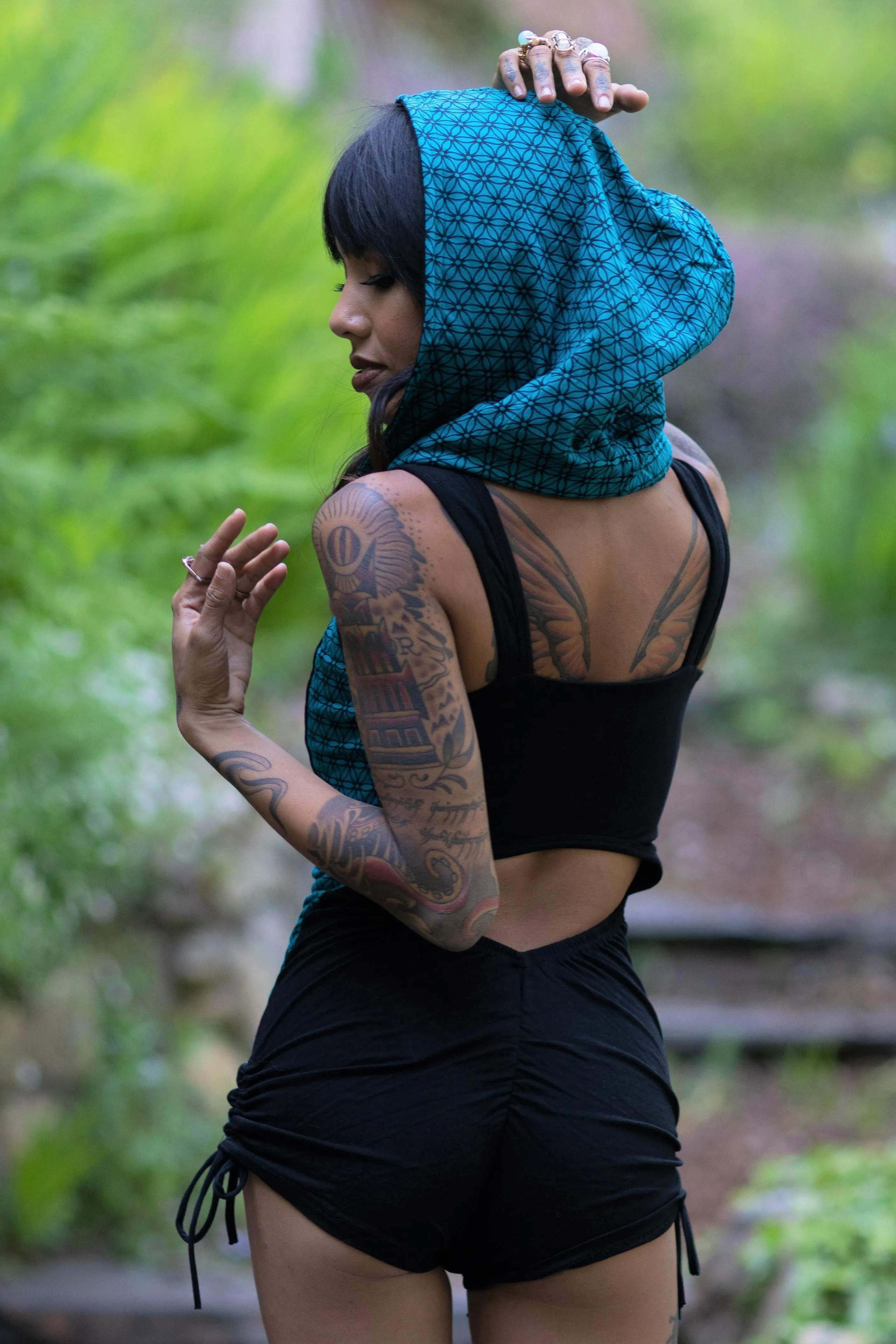 Racer Hooded Romper - Black with Teal Flower of Life Print