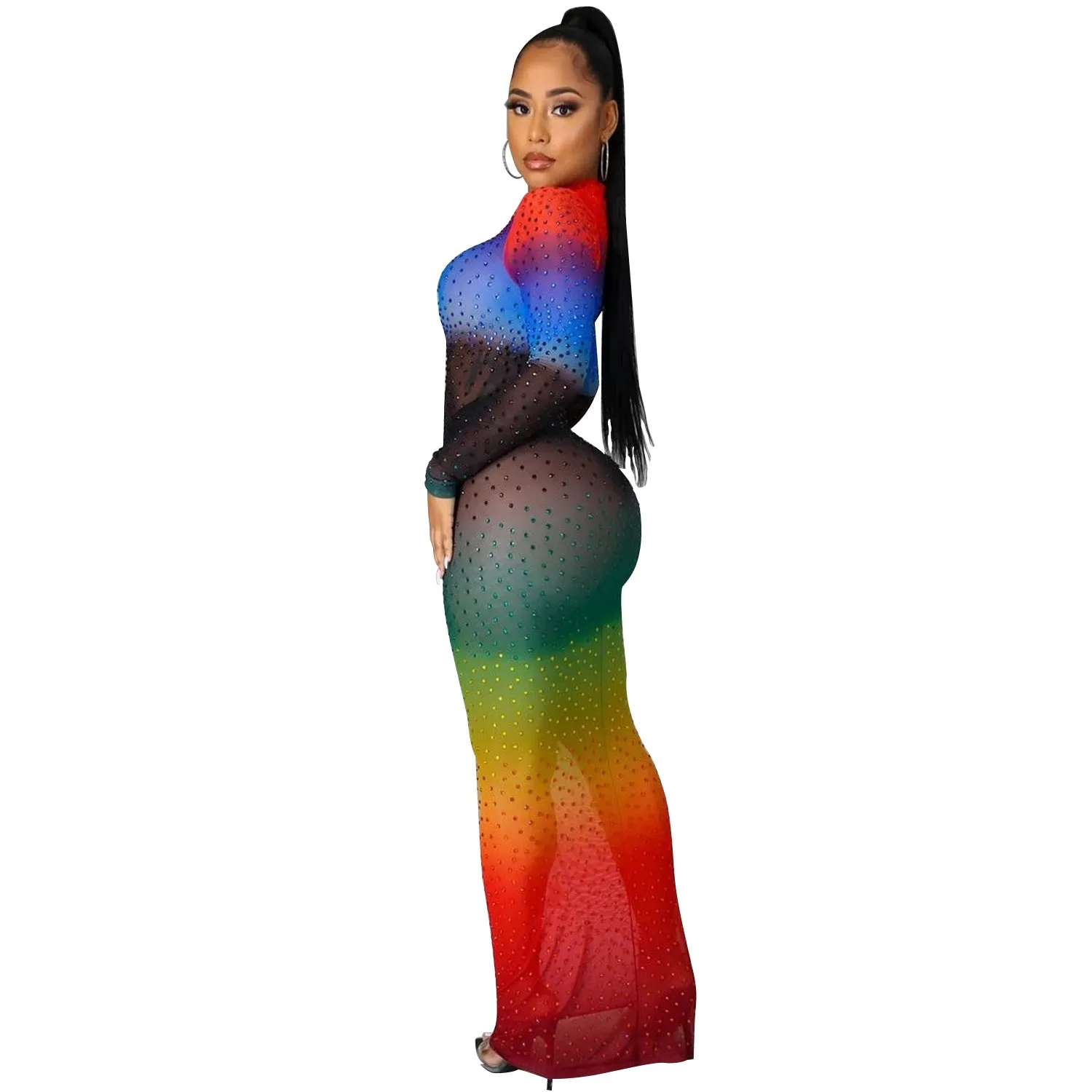 Rainbow-Colored Mesh Bodycon Dress