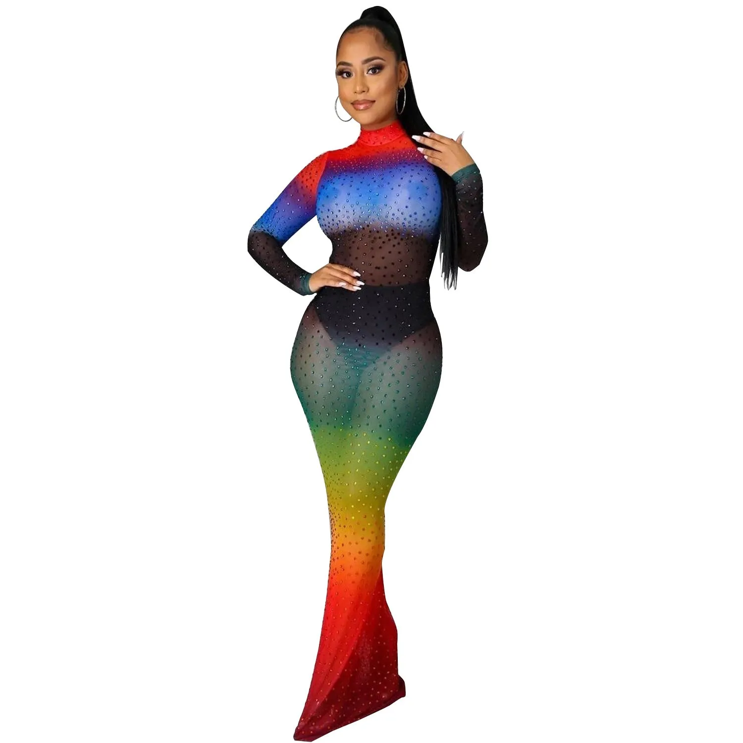 Rainbow-Colored Mesh Bodycon Dress