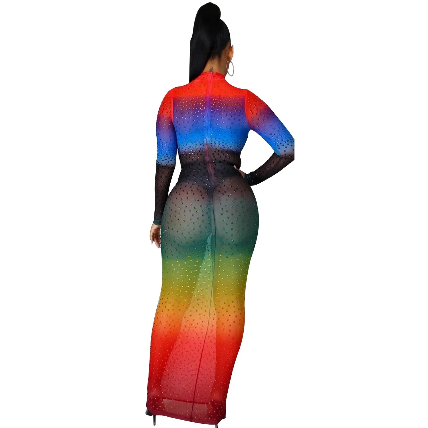 Rainbow-Colored Mesh Bodycon Dress