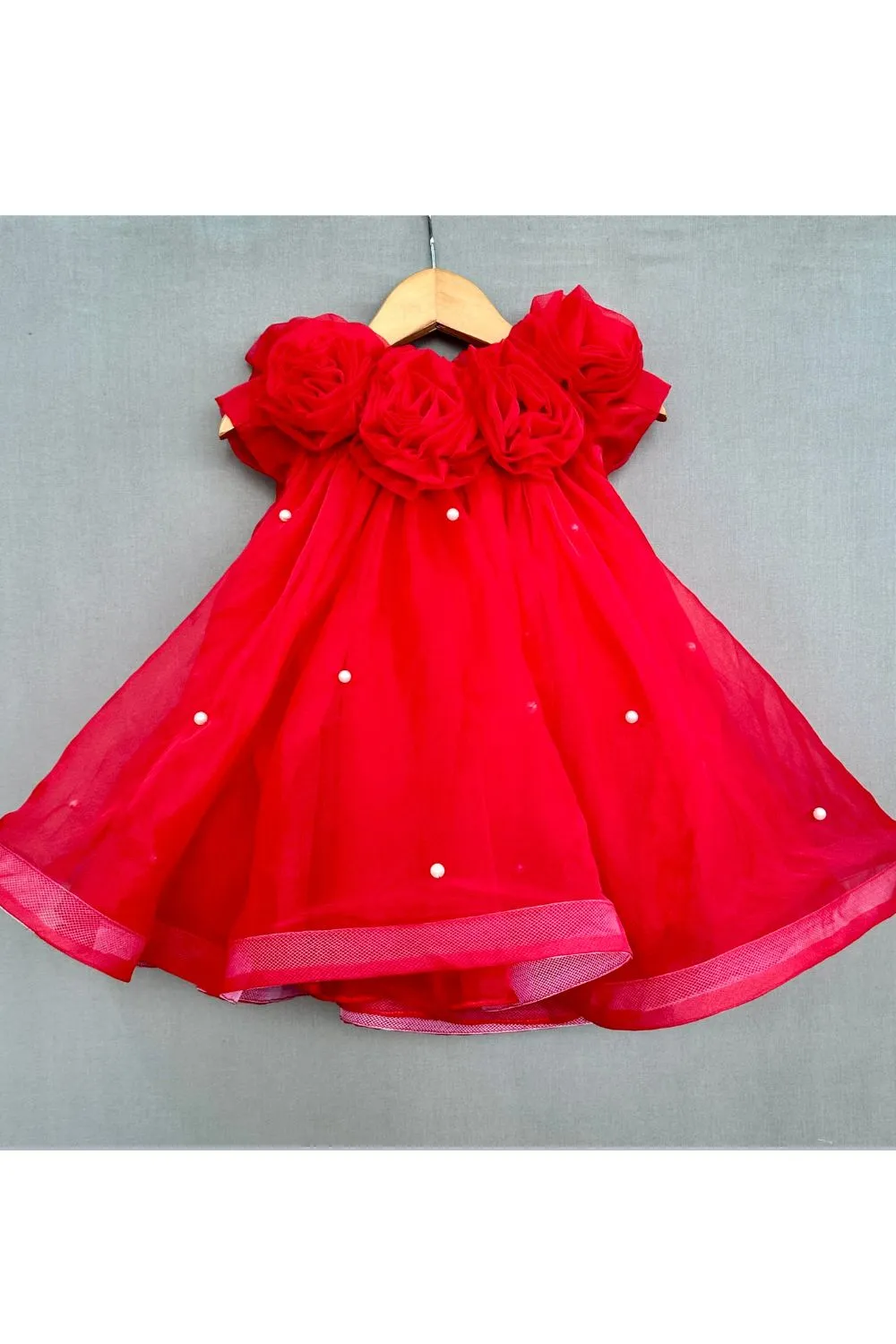 Red Pearls Organza Dress with Flowers