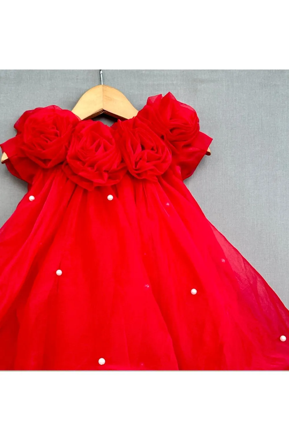 Red Pearls Organza Dress with Flowers